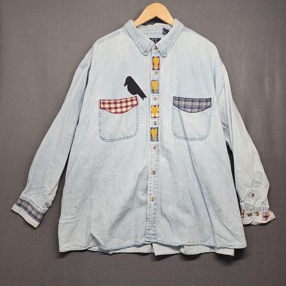Vintage Women Denim Shirt 3X Patchwork Applique Chambray Country Cottage Folk - Picture 1 of 16